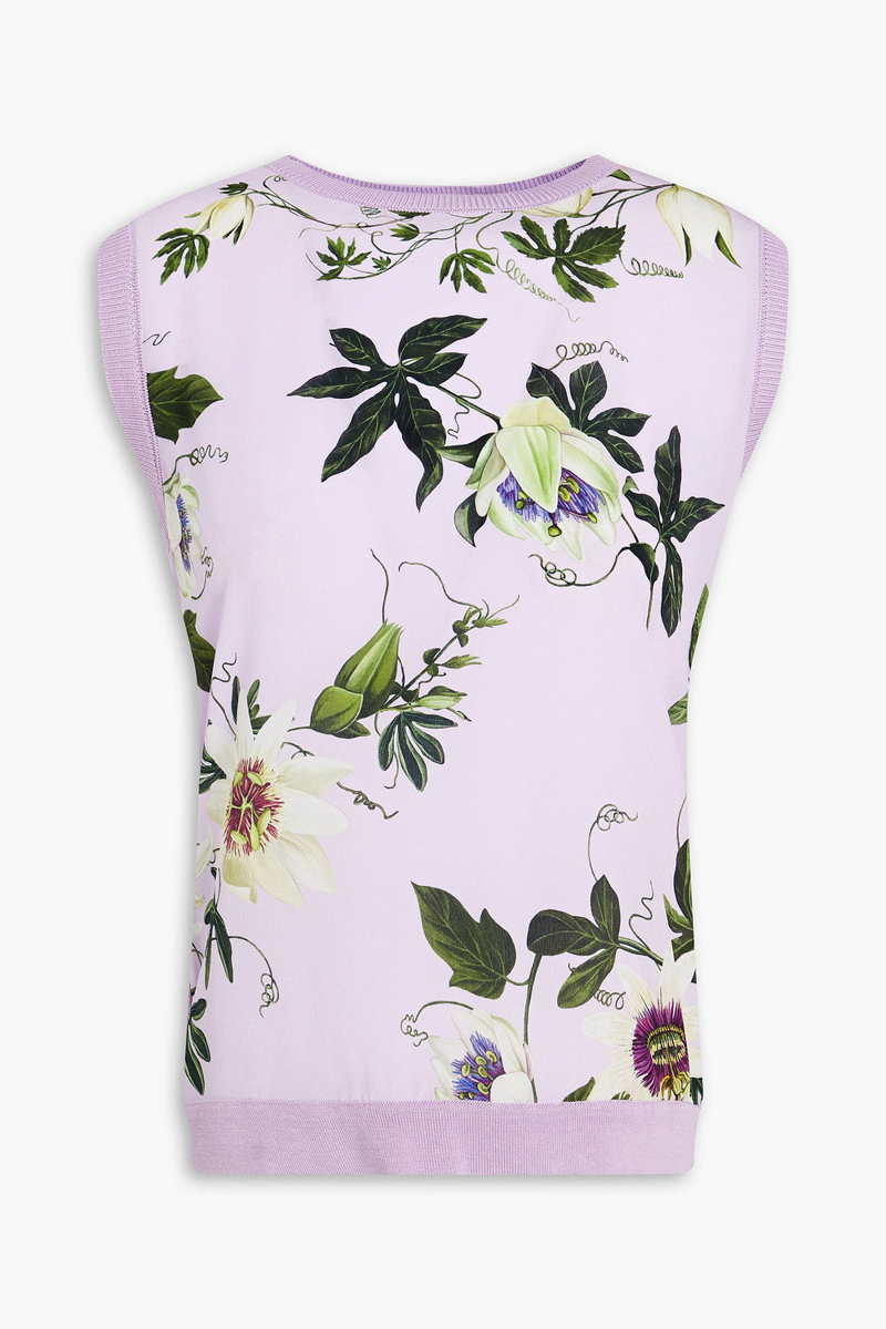 Oscar de la Renta - Floral-print silk crepe de chine-paneled knitted vest - Purple - XL