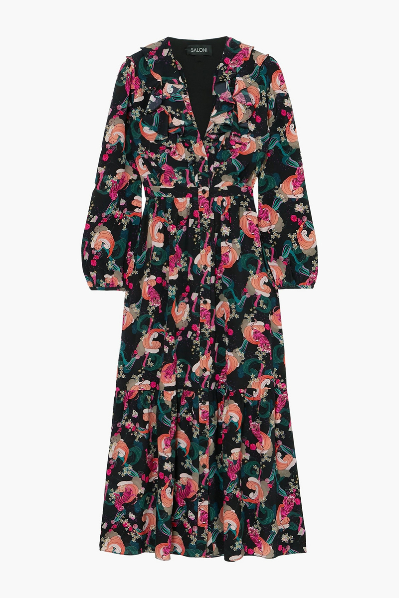 Saloni - Venyx Ginny ruffled printed silk crepe de chine midi dress - Black - UK 12