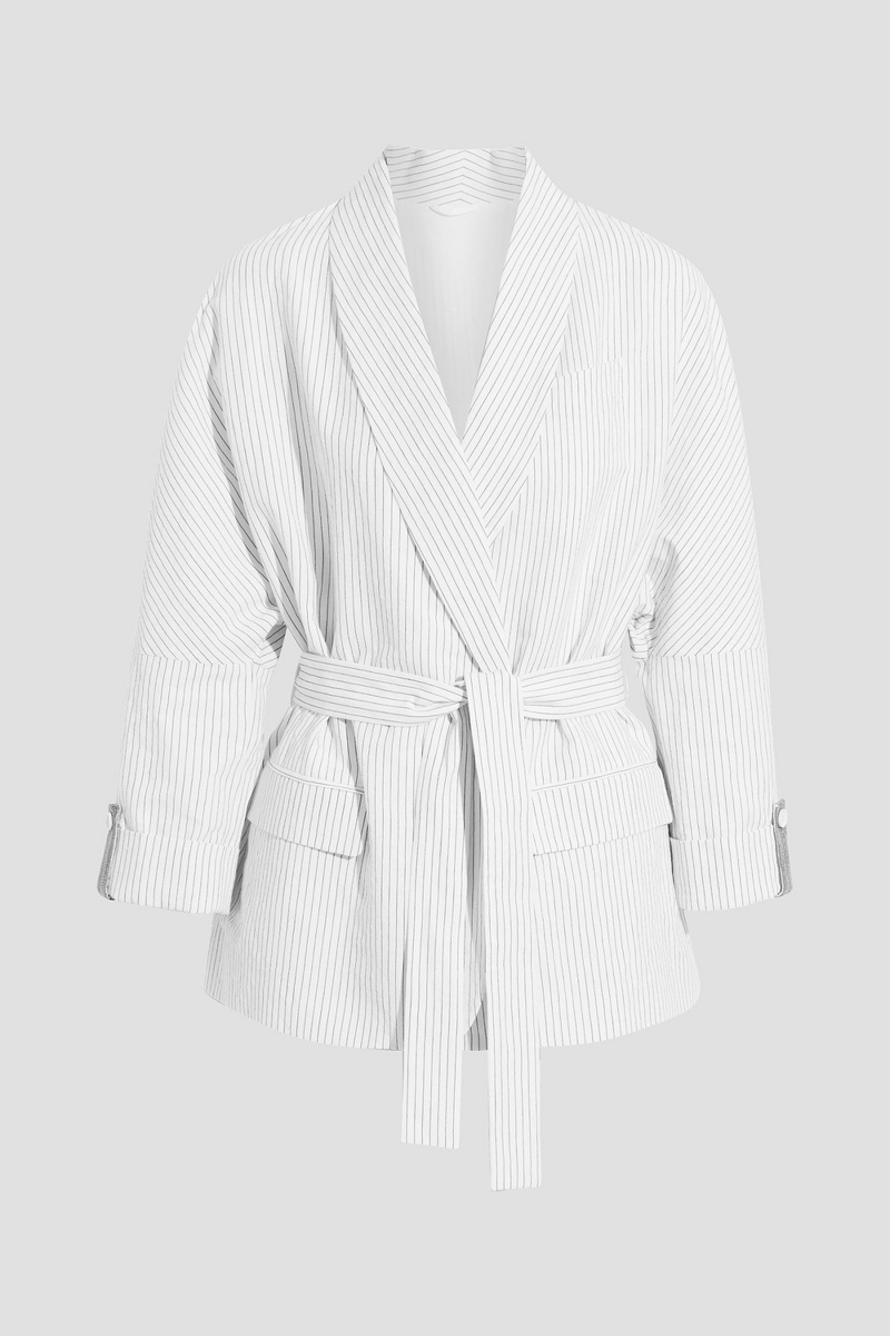 brunello cucinelli - belted pinstriped cotton and linen-blend blazer - white - it 44