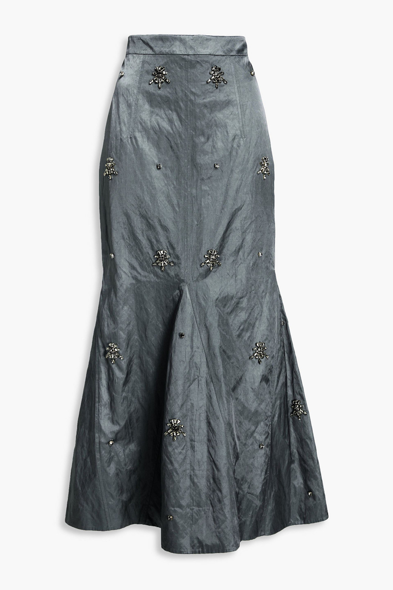 huishan zhang - flared crystal-embellished crinkled-satin midi skirt - gray - uk 8