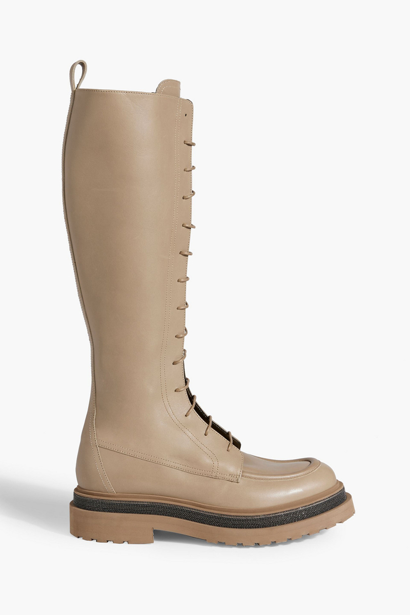 Brunello Cucinelli - Bead-embellished lace-up leather knee boots - Neutral - EU 37