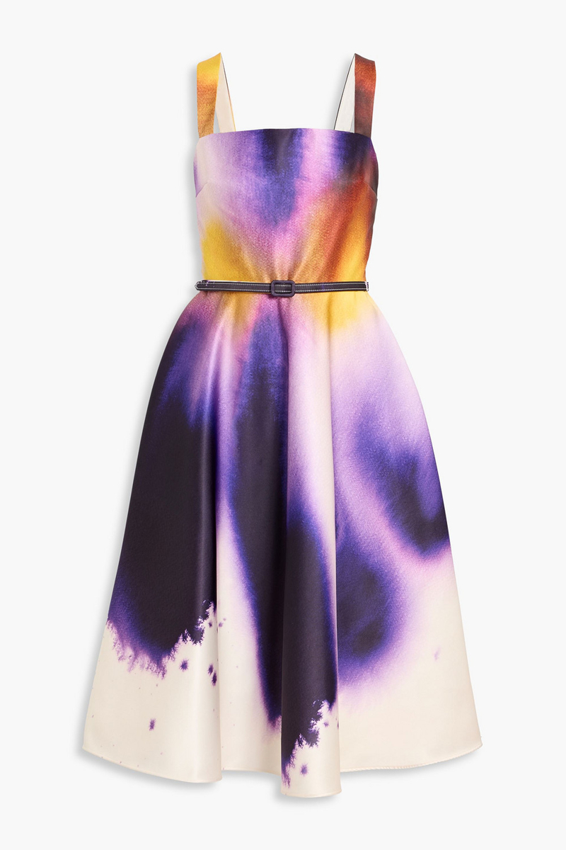 oscar de la renta - belted printed satin midi dress - purple - us 0