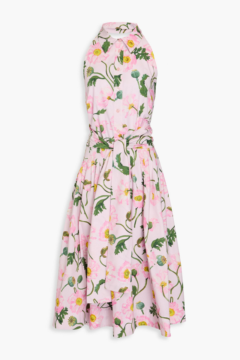 oscar de la renta - floral-print cotton-blend poplin halterneck midi dress - pink - us 12