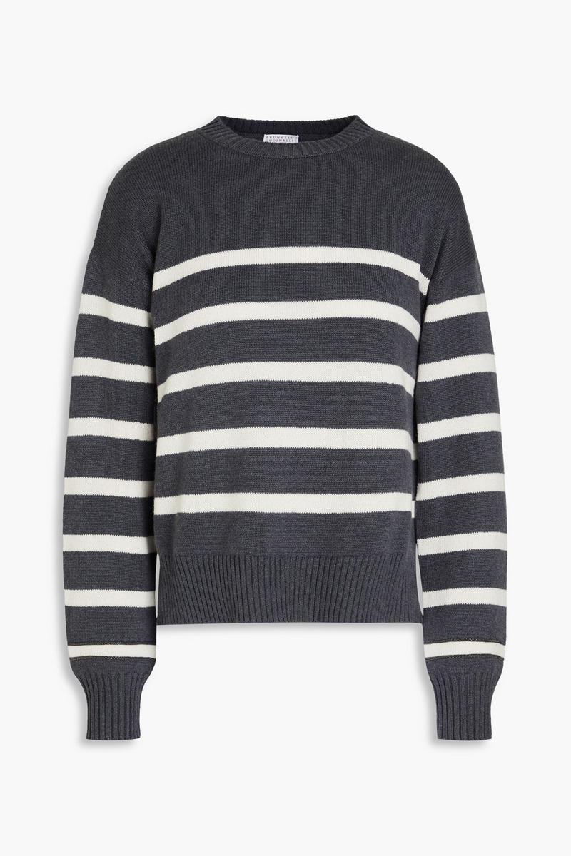 brunello cucinelli - bead-embellished striped cashmere sweater - gray - xxs