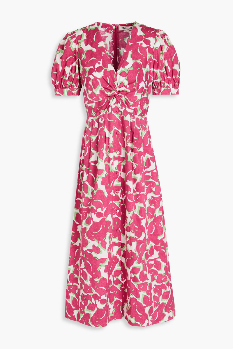 diane von furstenberg - heather twisted printed cotton-blend poplin midi dress - pink - us 00