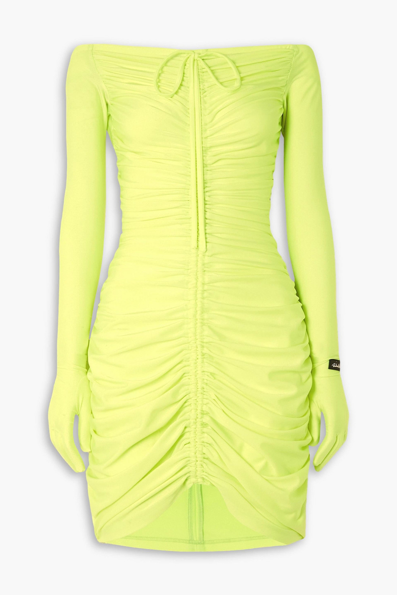 Richard Quinn - Off-the-shoulder ruched neon stretch-jersey mini dress - Yellow - UK 12