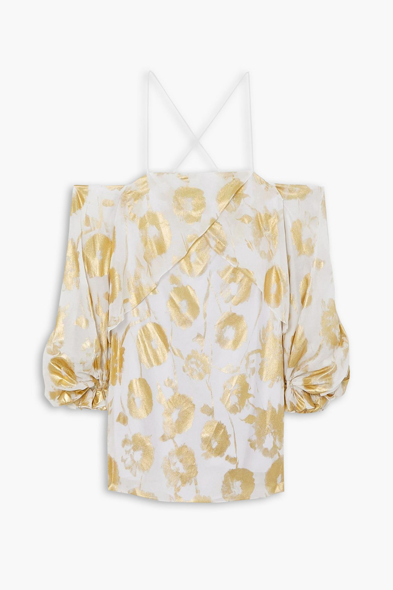Halpern - Cold-shoulder metallic floral-print cotton-voile mini dress - Metallic - FR 38