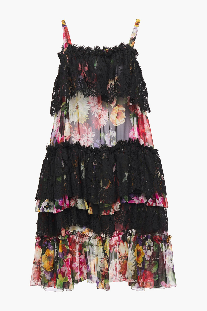 Dolce&Gabbana - Tiered floral-print silk-blend voile and lace dress - Black - IT 38