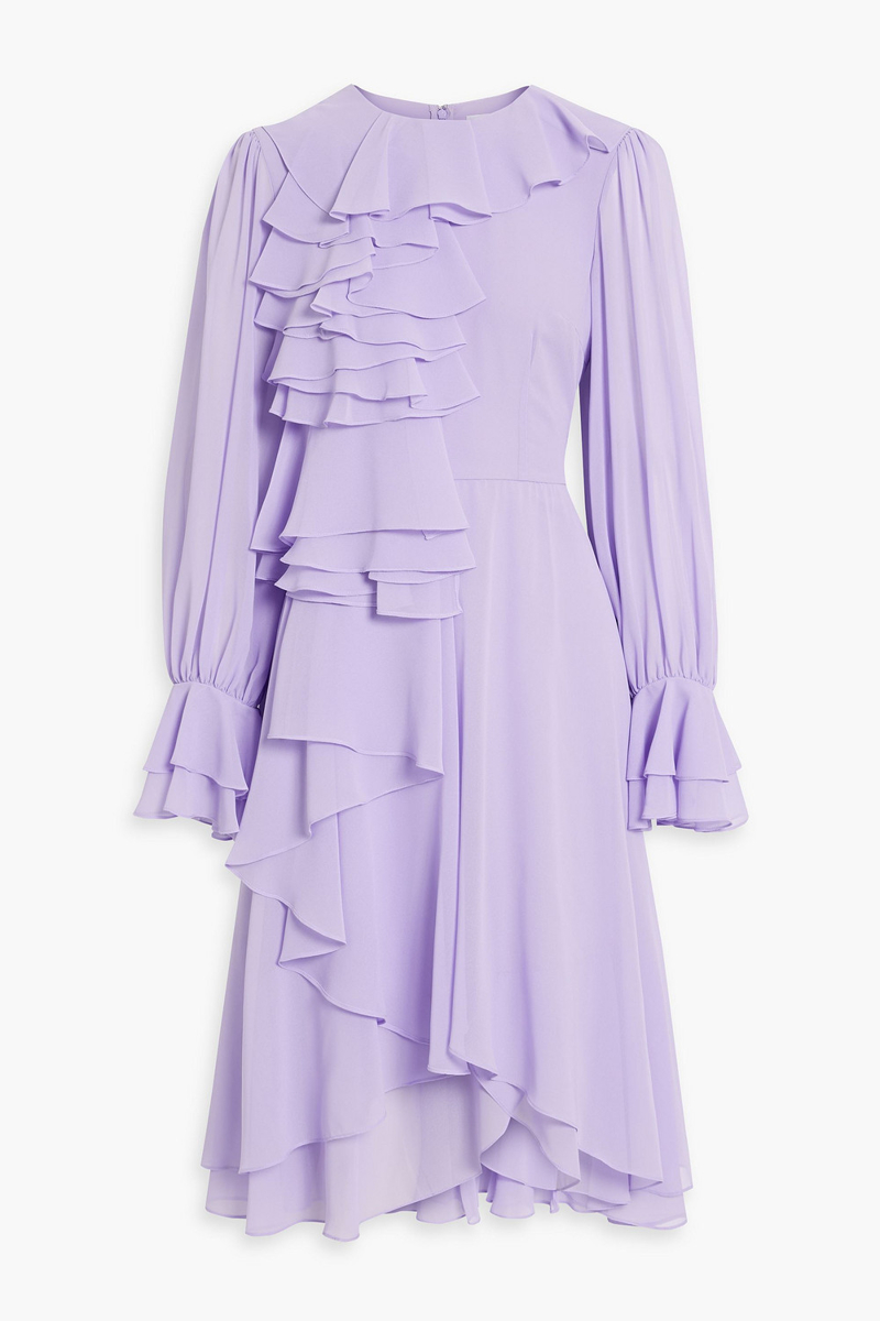 mikael aghal - ruffled chiffon midi dress - purple - us 6