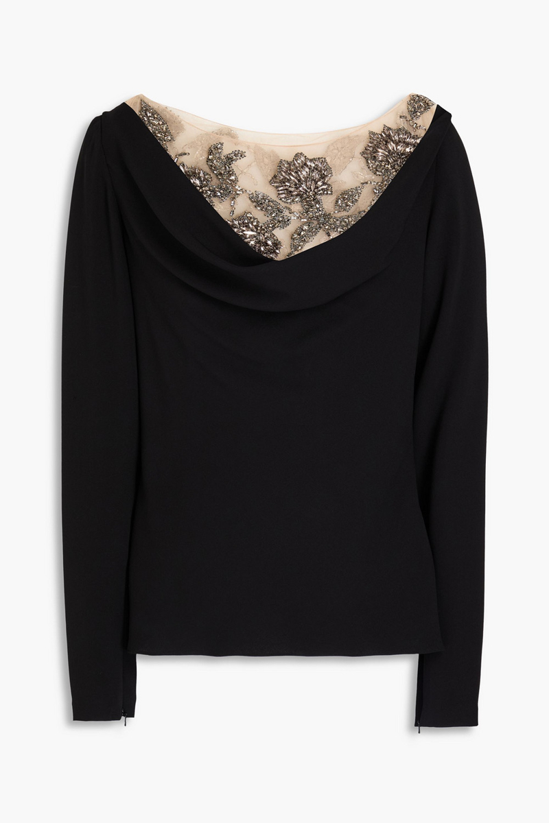 oscar de la renta - embellished tulle-trimmed silk-blend top - black - us 0