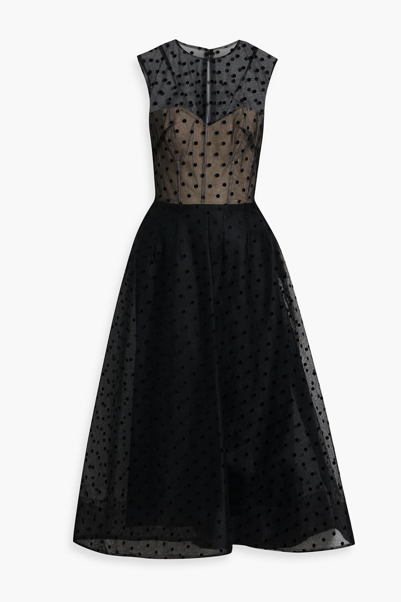monique lhuillier - polka-dot flocked tulle midi dress - black - us 2