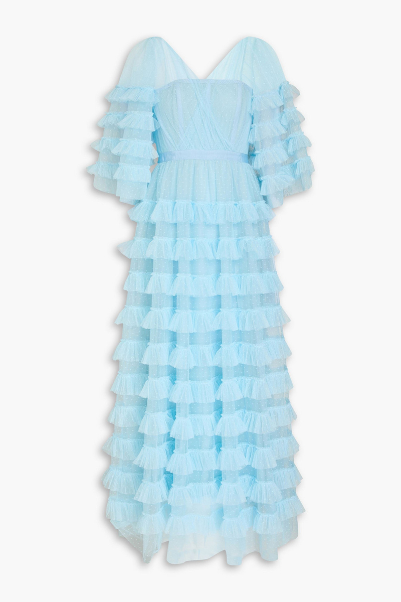 huishan zhang - marybell tiered point d'esprit gown - blue - uk 8