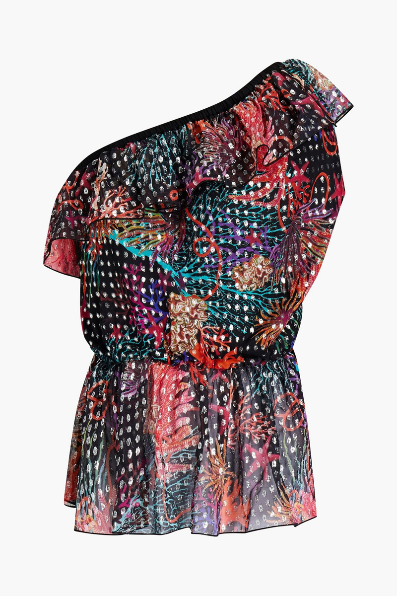Dundas - One-shoulder printed fil coupé silk-blend georgette top - Black - IT 36