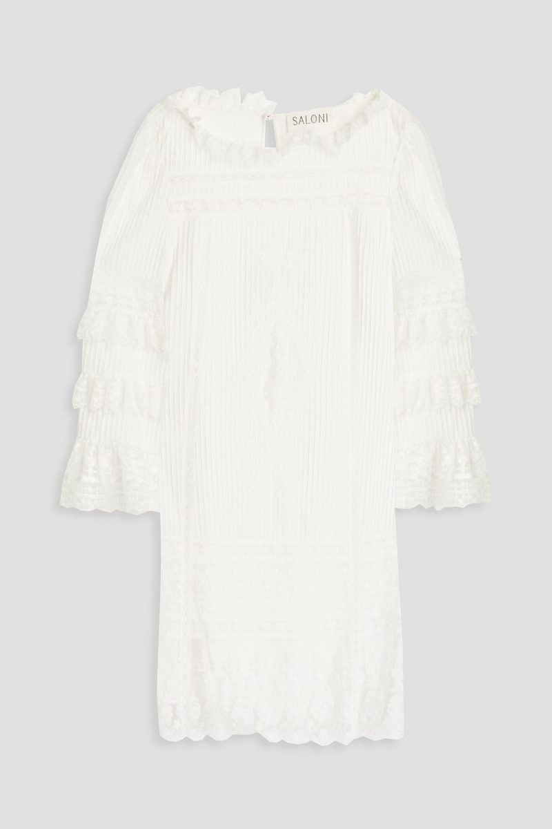 Saloni - Lea lace-trimmed ruffled cotton mini dress - White - UK 14