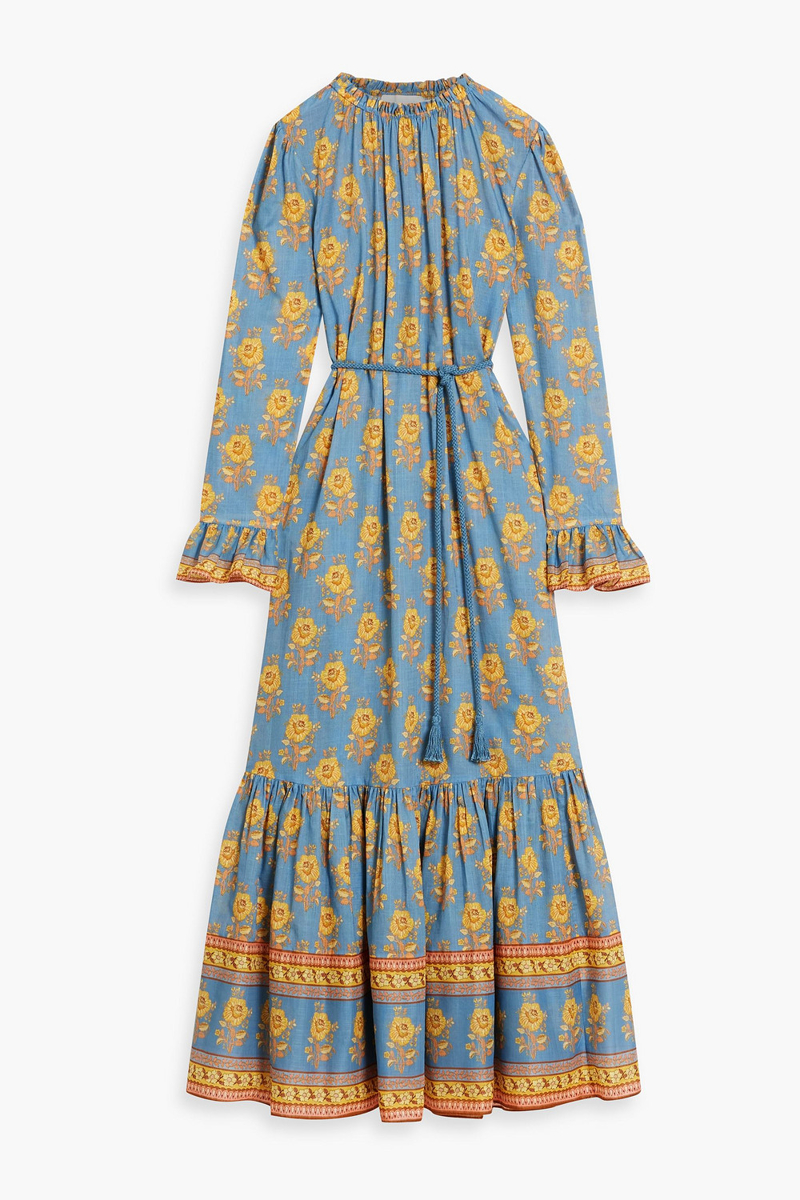 zimmermann - belted ruffled floral-print cotton-voile maxi dress - blue - 0
