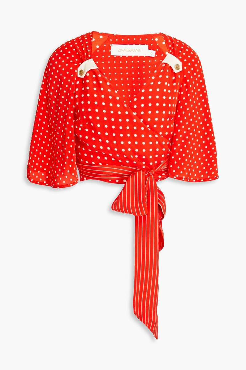 Zimmermann - Cropped polka-dot silk crepe de chine wrap top - Red - 1