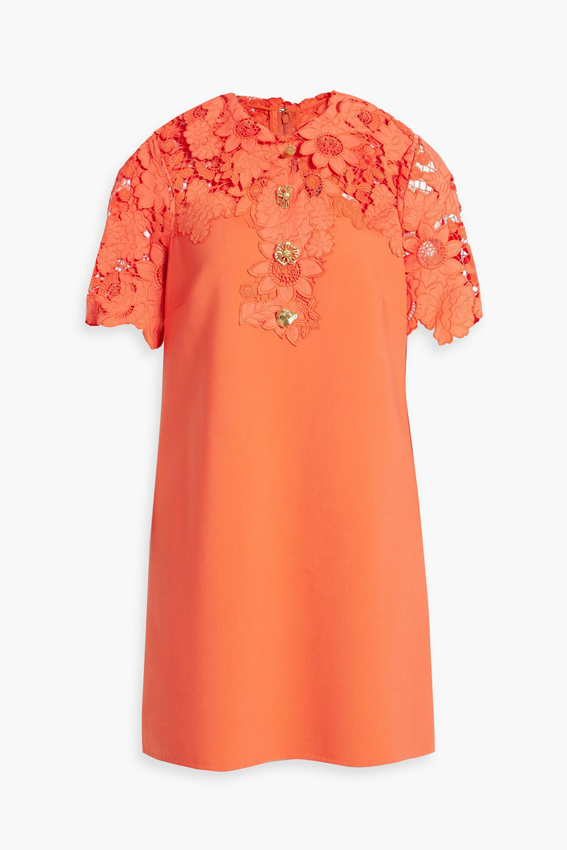 oscar de la renta - embellished guipure lace-paneled wool-blend mini dress - orange - us 0