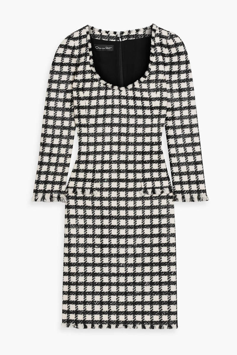 oscar de la renta - checked wool-blend bouclé-tweed dress - white - us 6