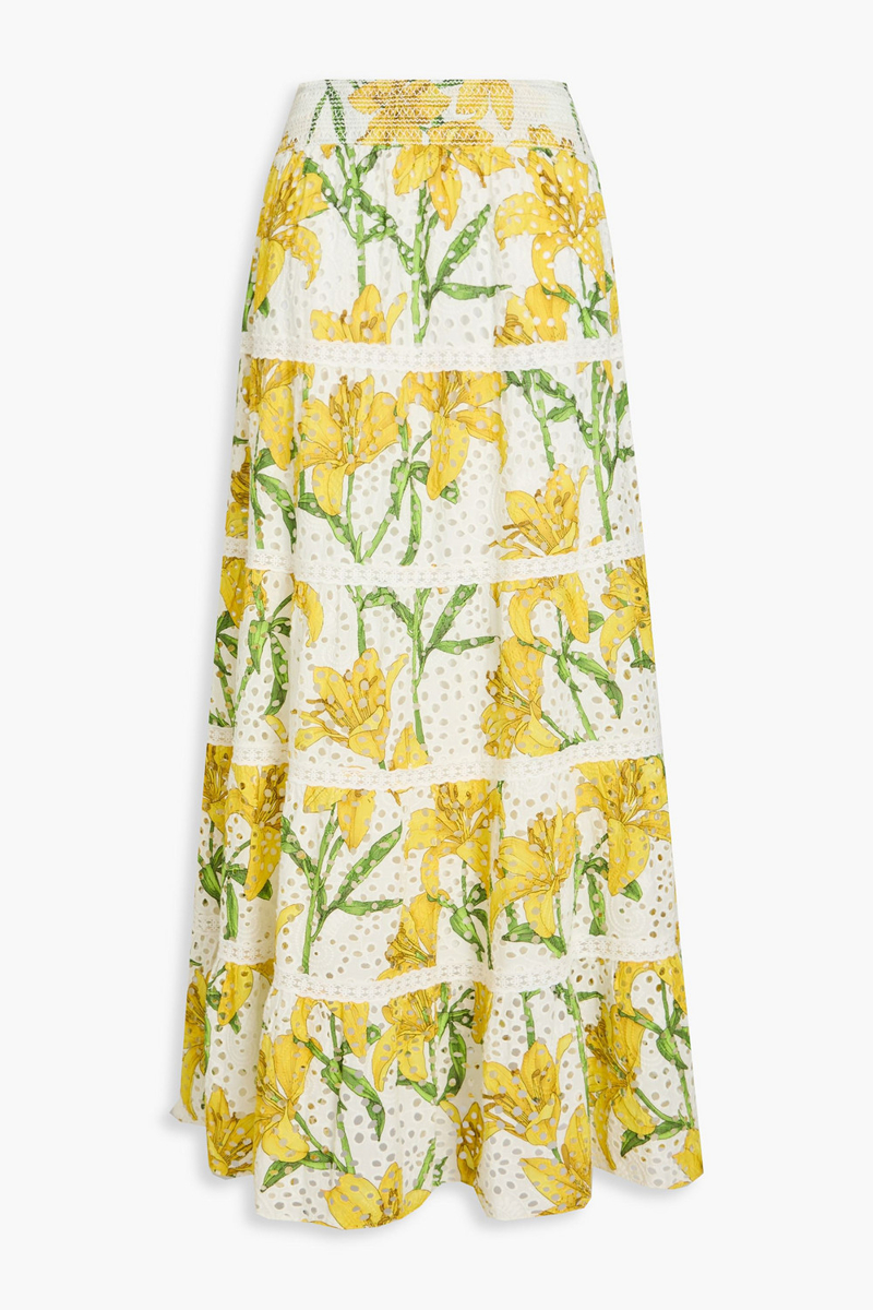 alice olivia - aisha tiered floral-print broderie anglaise cotton maxi skirt - yellow - us 12