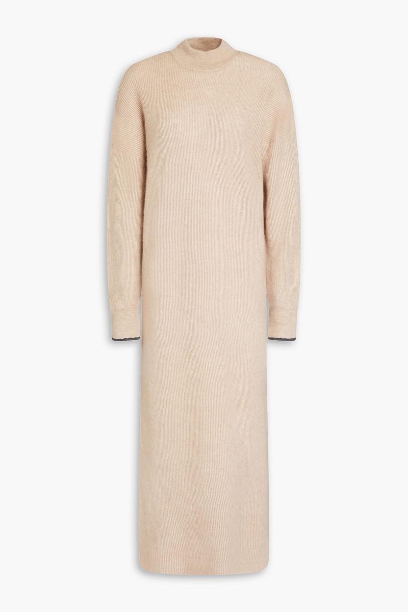 brunello cucinelli - bead-embellished ribbed alpaca and cotton-blend midi dress - neutral - xs