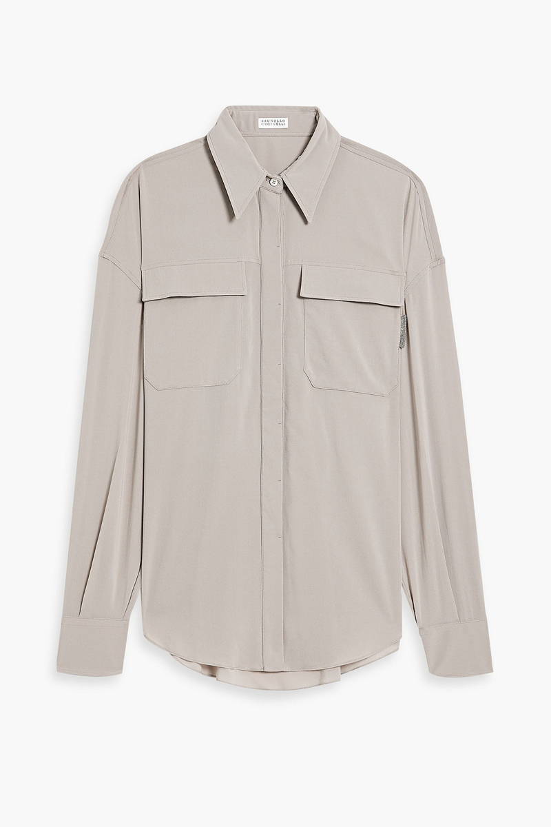 Brunello Cucinelli - Bead-embellished silk crepe de chine shirt - Neutral - M