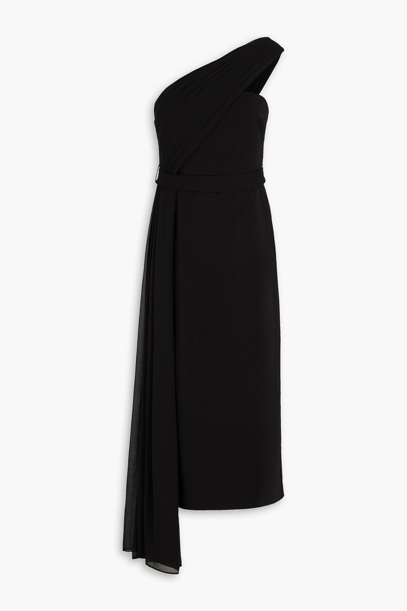 badgley mischka - one-shoulder draped georgette and stretch-crepe midi dress - black - us 4