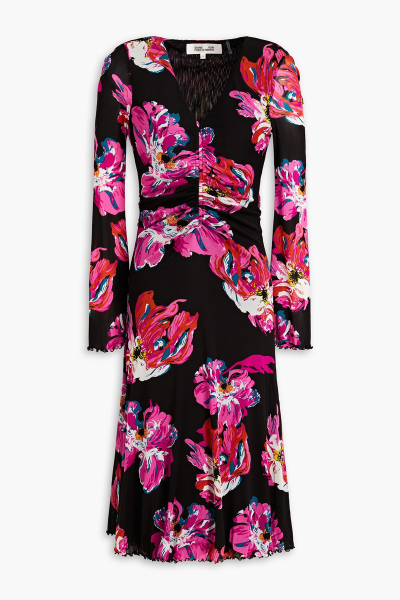 Diane von Furstenberg - Hildy ruched floral-print stretch-mesh dress - Pink - XL
