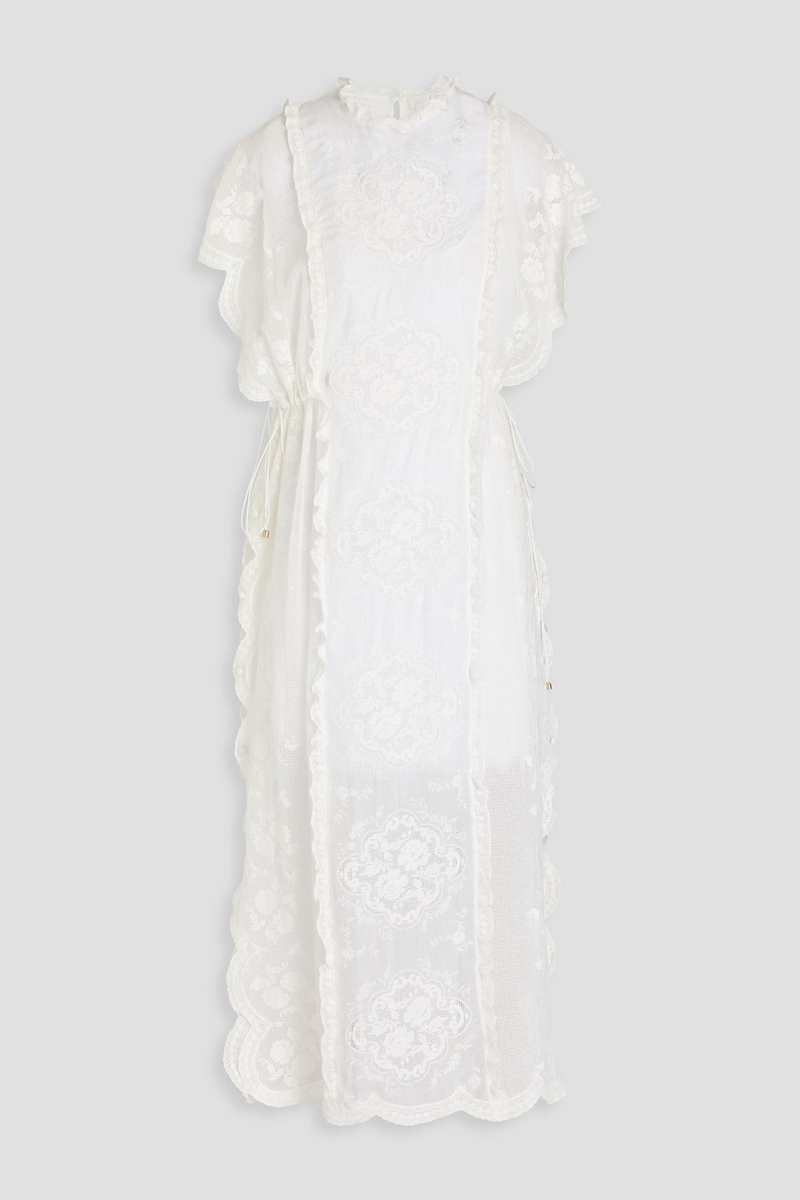 zimmermann - ruffled crocheted lace ramie midi dress - white - 1
