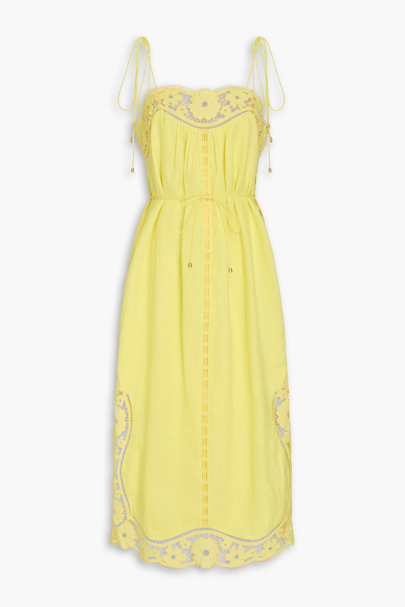 zimmermann - broderie anglaise linen midi dress - yellow - 00