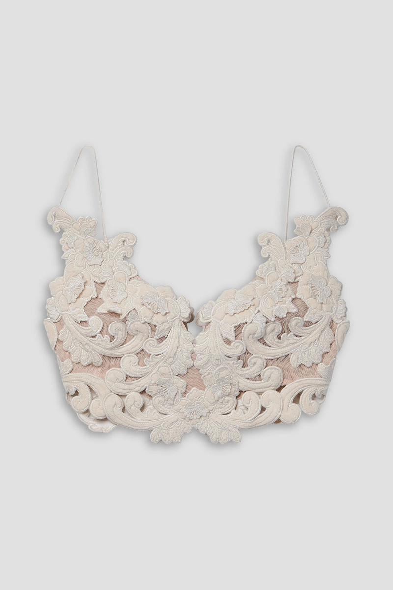zimmermann - cropped appliquéd velvet, lace and mesh top - white - 4