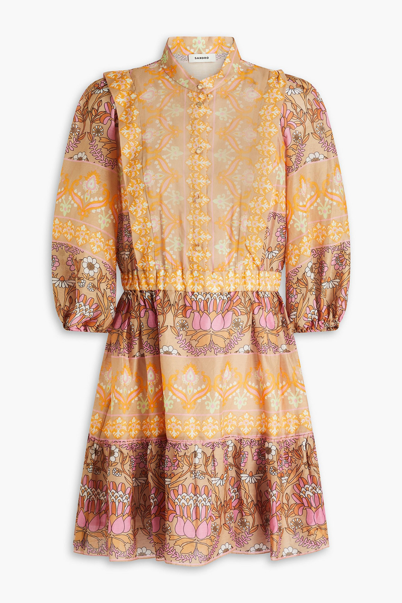 Sandro - Printed linen-blend gauze mini dress - Neutral - FR 42