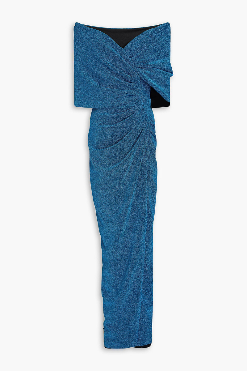 rhea costa - off-the-shoulder wrap-effect metallic jersey gown - blue - it 38