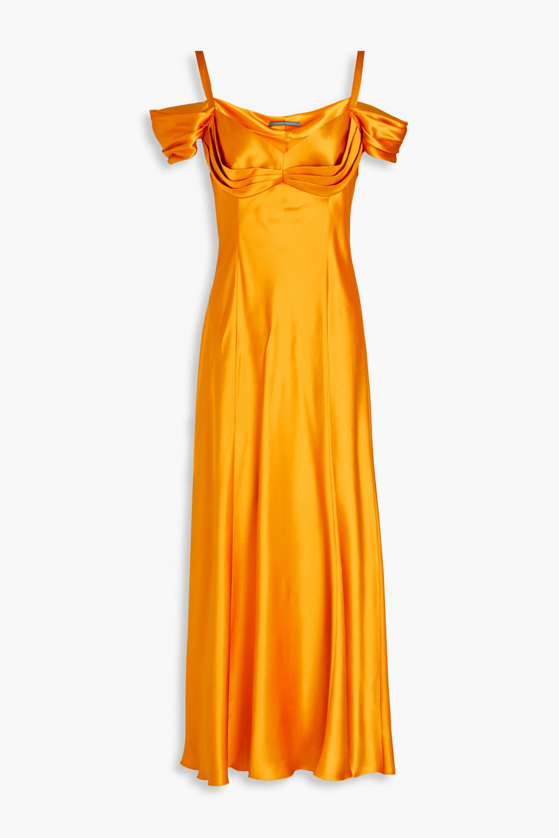 Alberta Ferretti - Cold-shoulder pleated silk-satin maxi dress - Yellow - IT 38