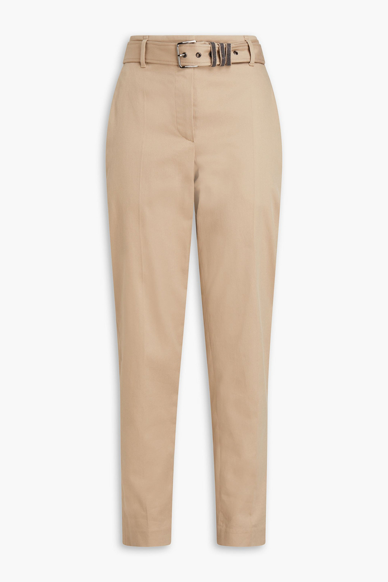 brunello cucinelli - bead-embellished belted cotton-blend twill tapered pants - neutral - it 48