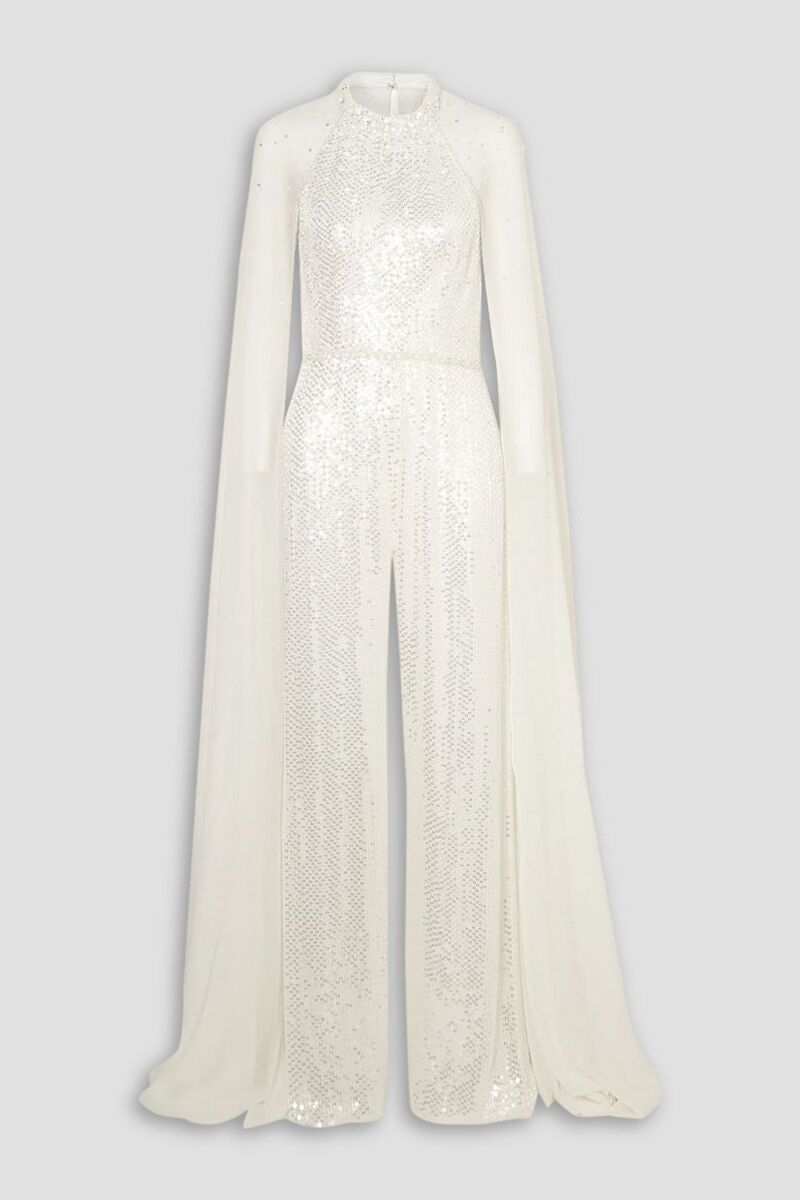 Jenny Packham - Cape-effect sequined chiffon jumpsuit - White - UK 6