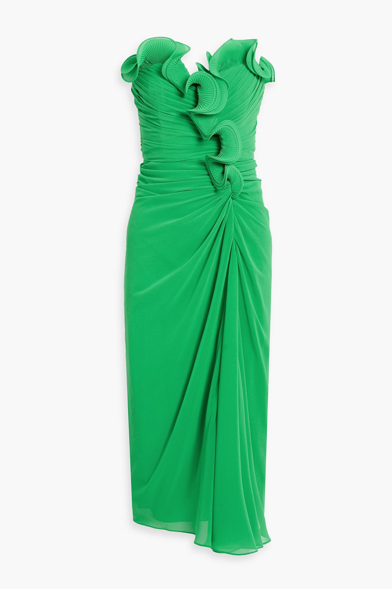 badgley mischka - strapless ruffled plissé-georgette midi dress - green - us 4