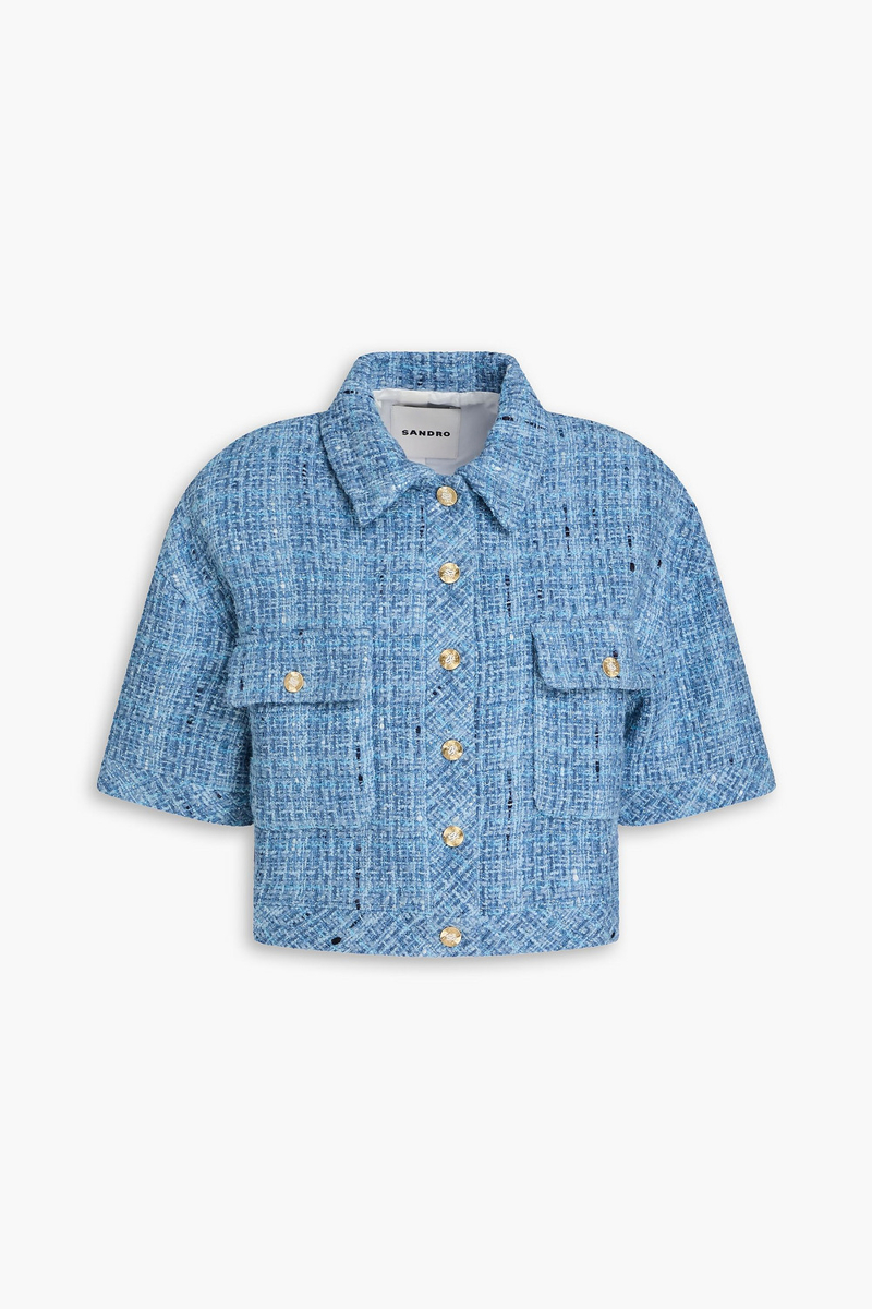 sandro - cropped metallic tweed jacket - blue - fr 42
