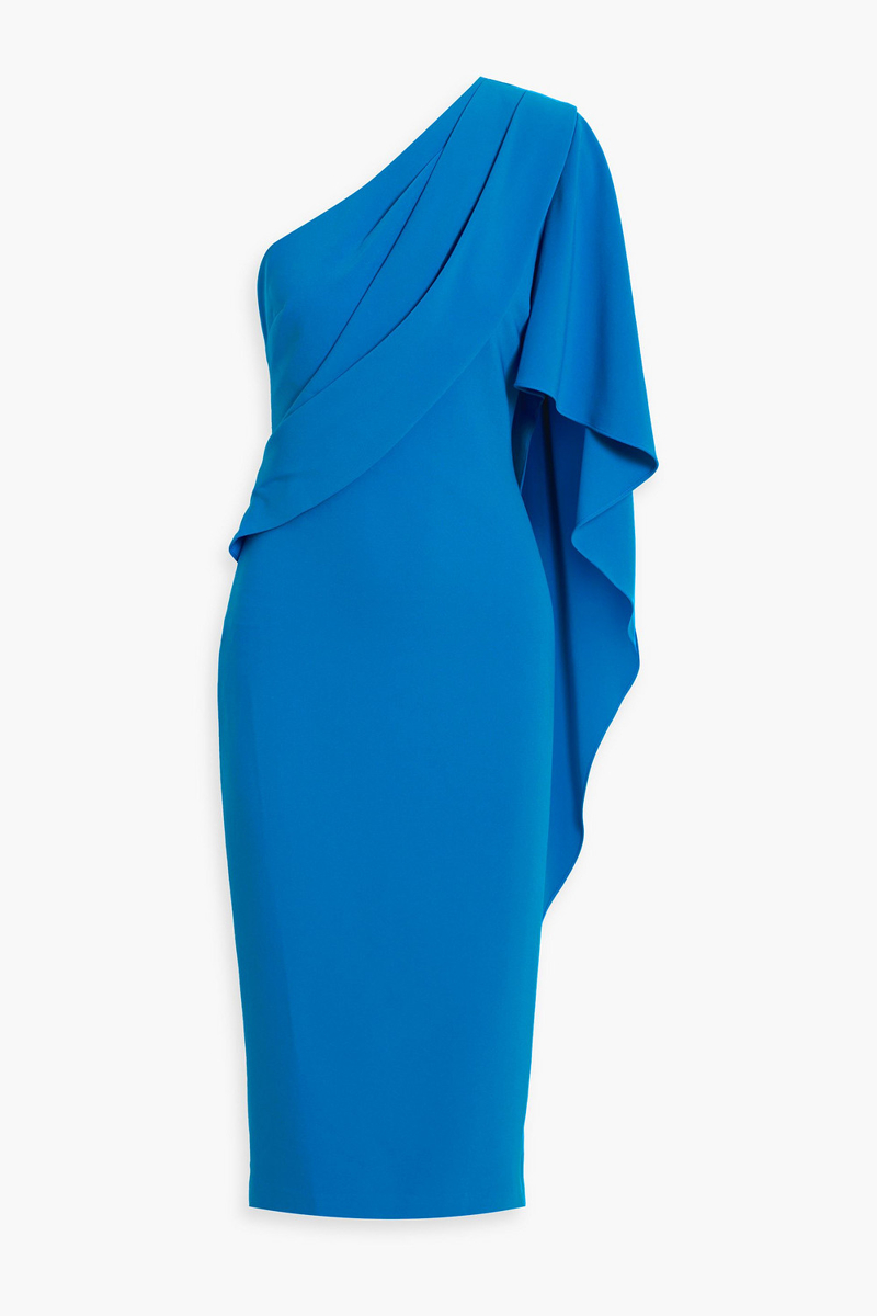 badgley mischka - one-sleeve draped crepe midi dress - blue - us 2