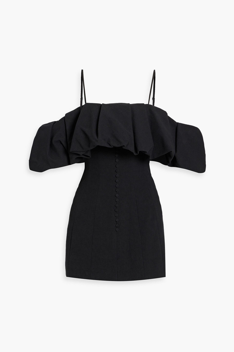 simkhai - puff cold-shoulder ruffled cotton and linen-blend mini dress - black - us 6