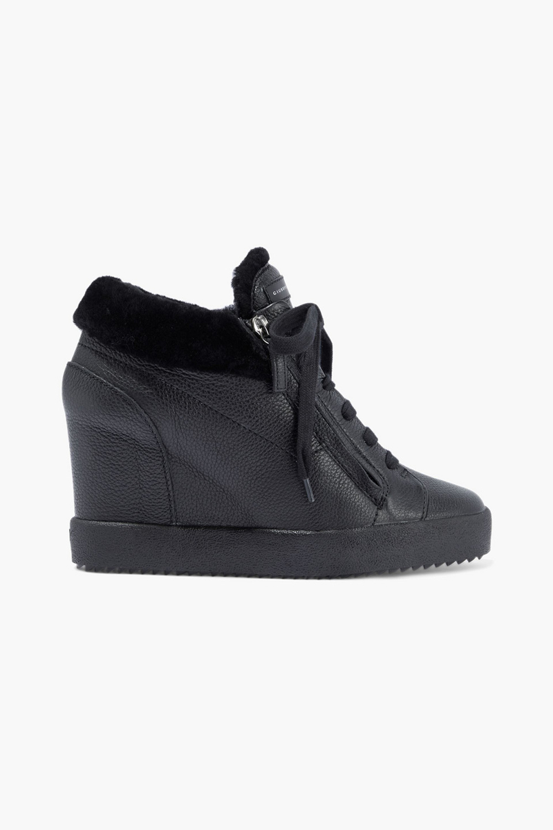 Giuseppe Zanotti - Addy shearling-lined pebbled-leather wedge sneakers - Black - EU 35.5