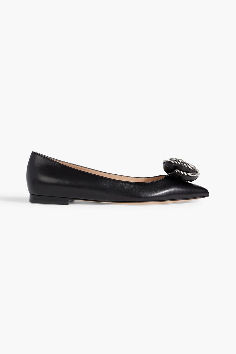 Gianvito Rossi - Karina floral-appliquéd leather point-toe flats - Black - EU 36.5
