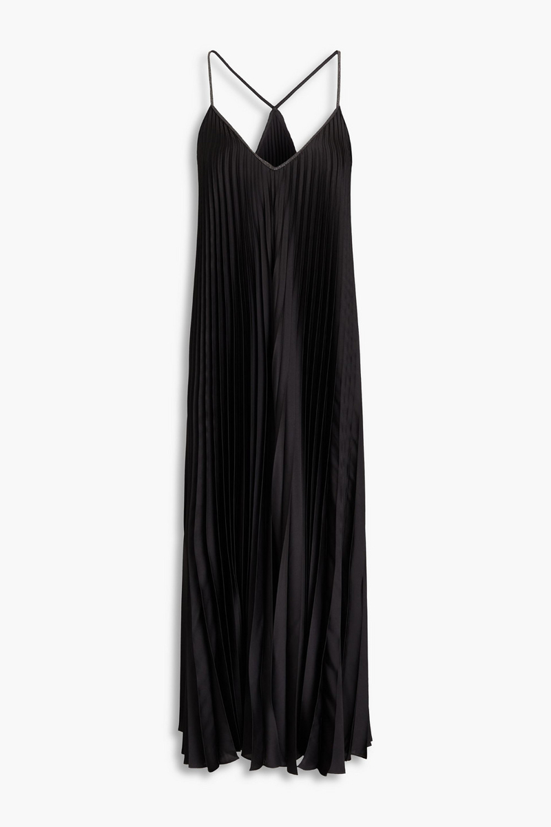 Brunello Cucinelli - Bead-embellished pleated satin midi dress - Black - L
