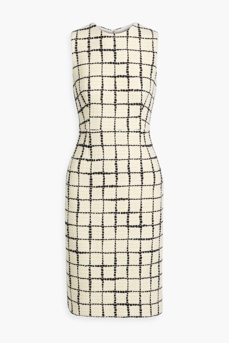 Oscar de la Renta - Checked wool-blend bouclé-tweed dress - Neutral - US 10