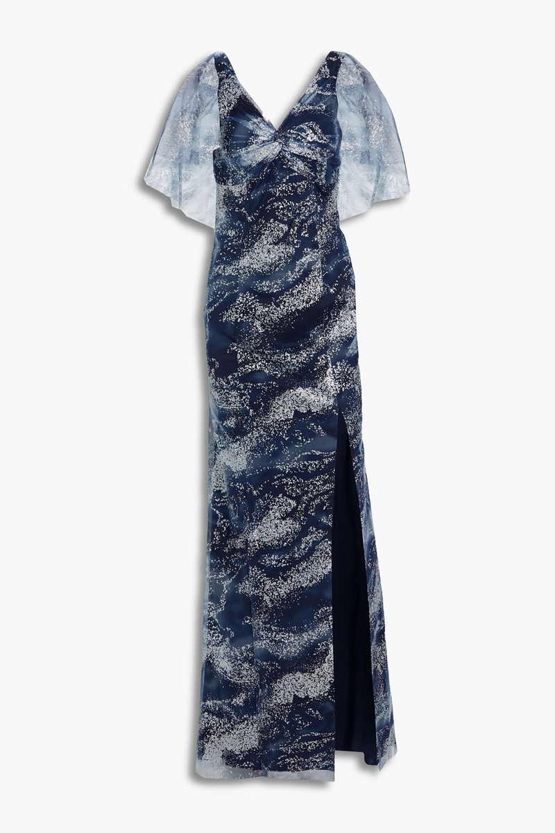 Marchesa Notte - Twist-front glittered printed tulle gown - Blue - US 2