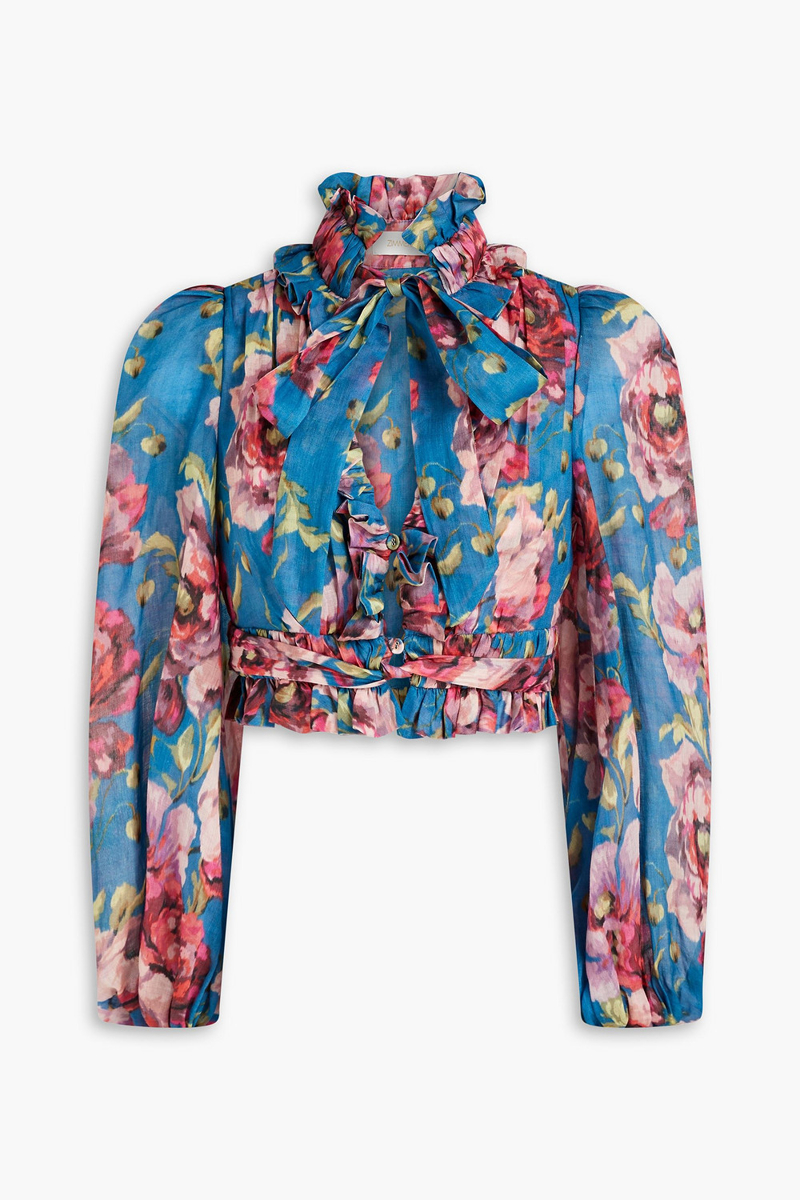 Zimmermann - Cropped pussy-bow floral-print ramie blouse - Blue - 1