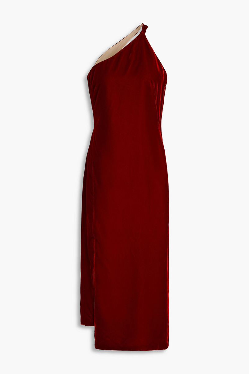 Oscar de la Renta - One-shoulder cutout velvet midi dress - Burgundy - US 8