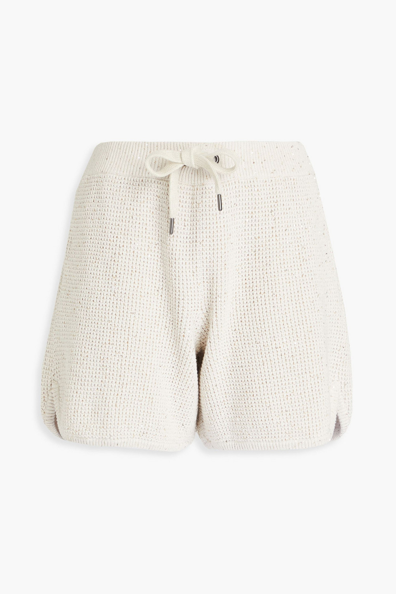 brunello cucinelli - sequin-embellished waffle-knit cotton-blend shorts - neutral - m