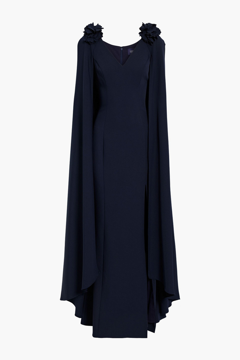 Marchesa Notte - Cape-effect floral-appliquéd cady gown - Blue - US 4