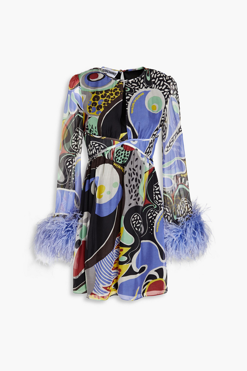 Moschino - Feather-embellished cutout printed chiffon mini dress - Multicolor - IT 36