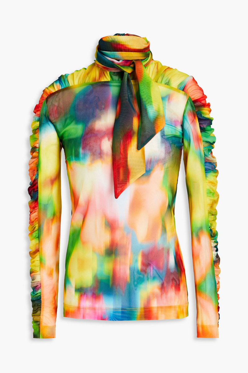 Dries Van Noten - Ruched printed mesh turtleneck top - Yellow - M